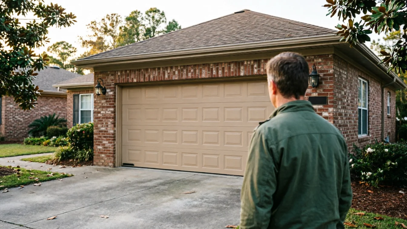 A man in a green jacket stands in front of a tan garage door on a brick house.