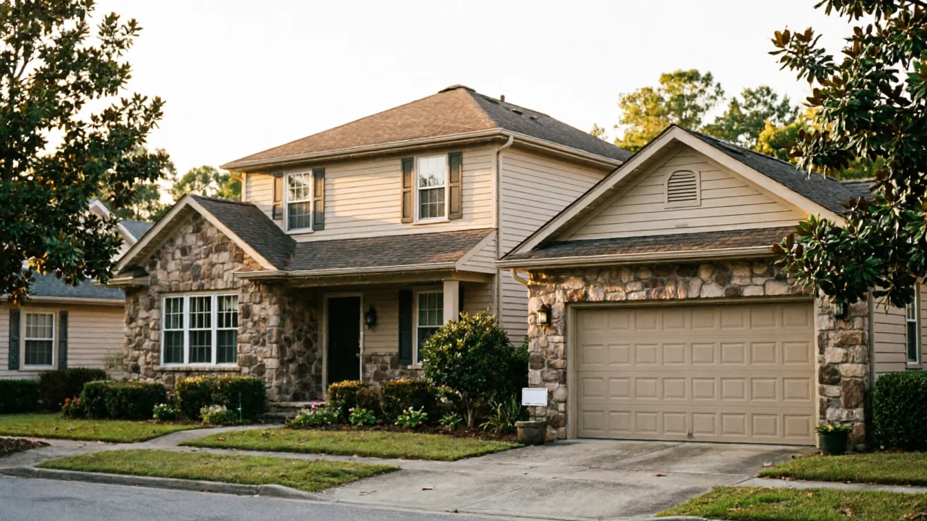 A two-story house with stone and siding has a tan garage door.