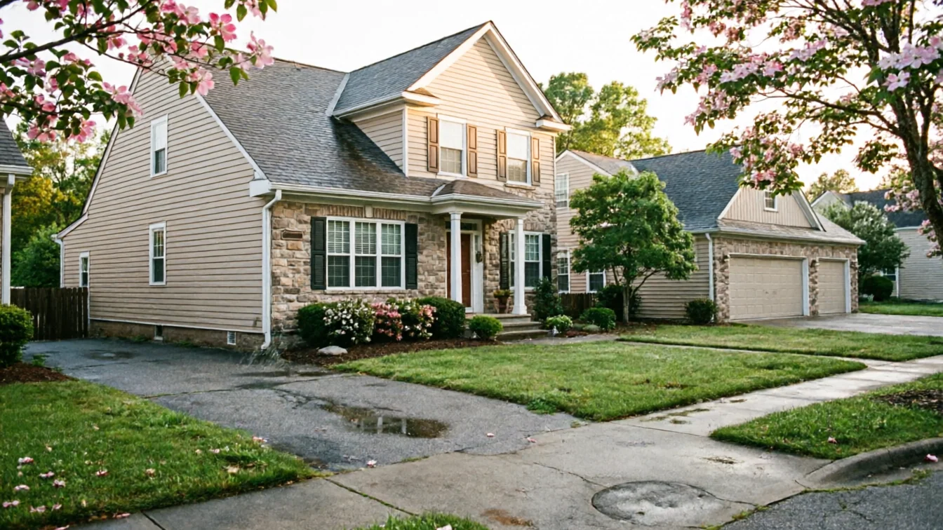 A two-story house with a two-car garage and blooming trees in the front yard.
