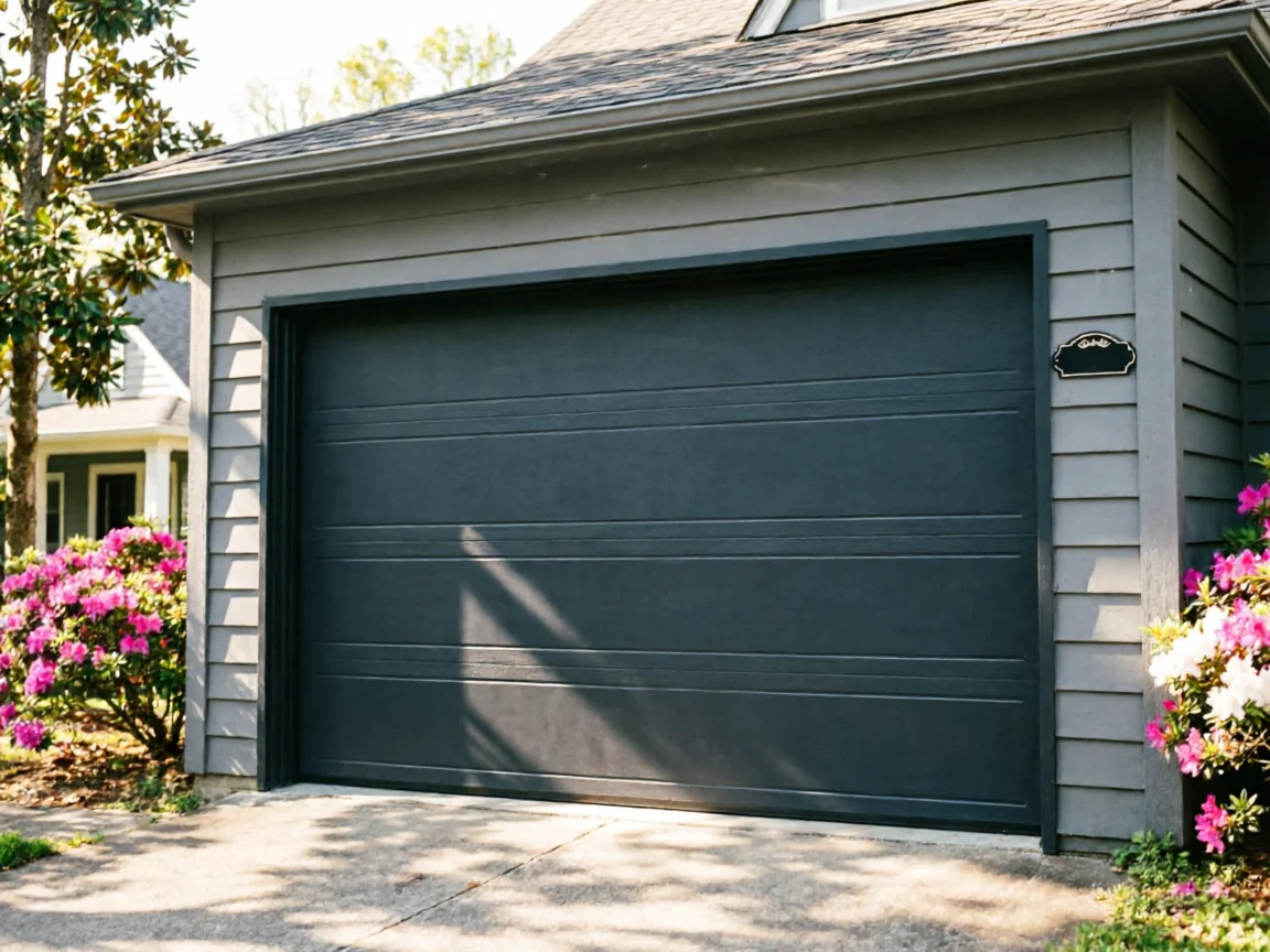 A dark gray garage door is on a gray house with pink and white flowers.