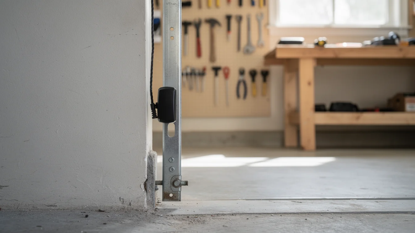 A safety sensor is mounted on the garage door track inside a garage.